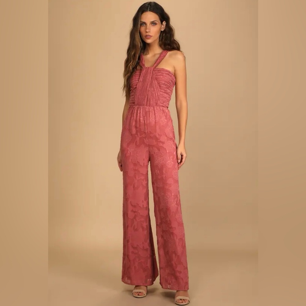 NWT Lulus Lovely Celebration Rose Pink Floral Burnout Chiffon Jumpsuit